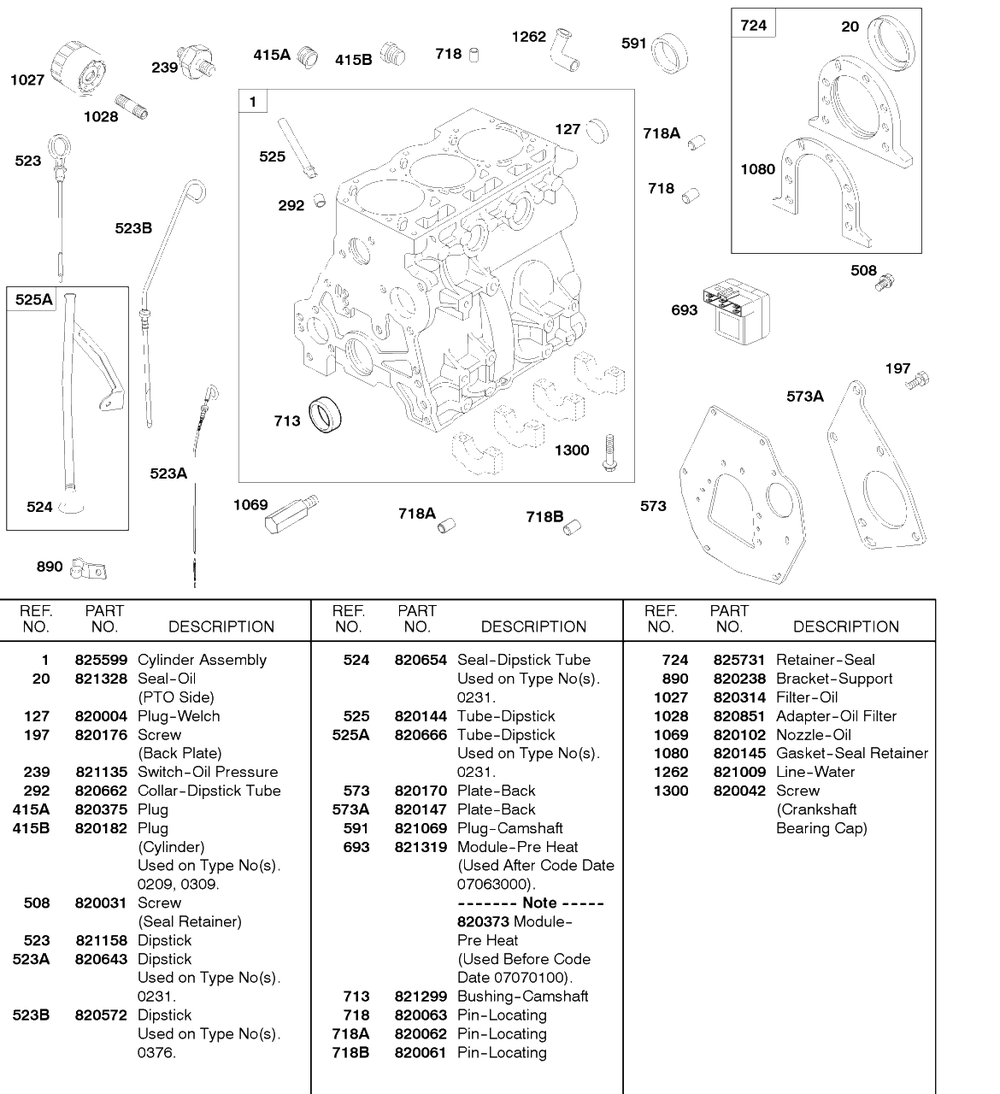 Cylinder, Back Plate, Oil Diagram and Parts List for 58A447-0234-XX  Briggs and Stratton Engine